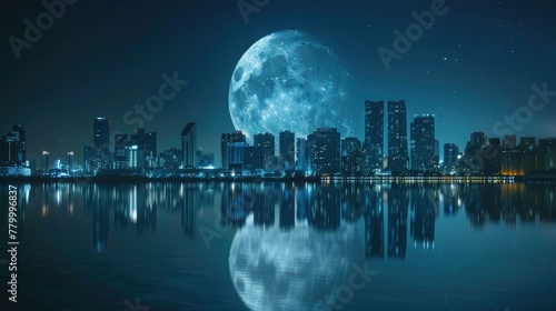 Full moon, night view of the city, high-rise buildings and water surface in the foreground, symmetrical composition, bright reflection on the surface of the lake.