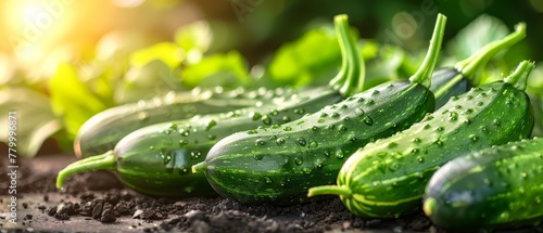   A collection of cucumbers atop a mound of soil  adjacent to a verdant green leafy plant