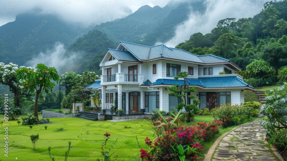 A modern two-story villa with a blue roof, surrounded by green lawns and bright flowers in the garden, and behind it mountains covered with clouds. A wide stone path leads to the house.