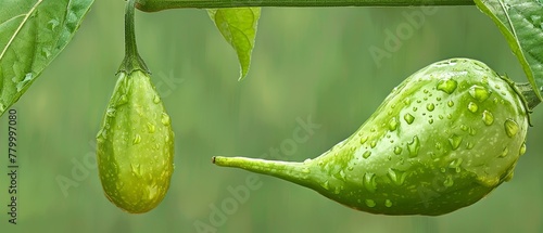  A green pea pod dangles from the plant, adorned with water-kissed petals In the backdrop, a vibrant green leaf unfurls