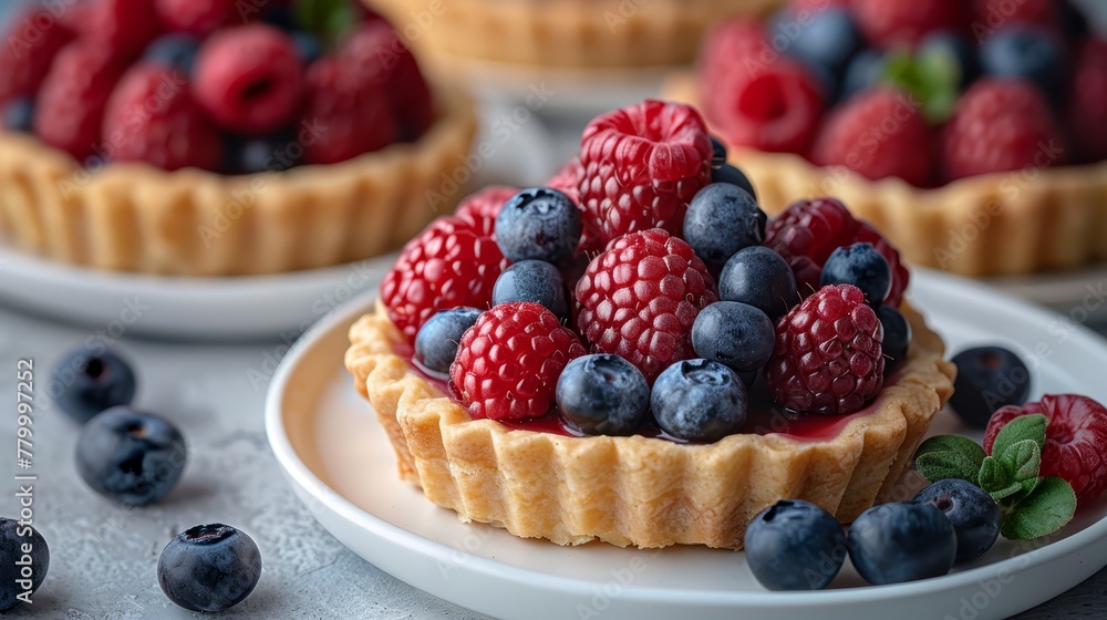 one topped with red raspberries and blueberries, the other with ruby-red strawberries and blueberries one topped with red raspberries and blueberries, the other with ruby-red strawberries and blueberries