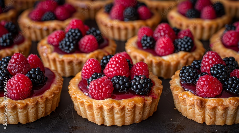 A tight shot of a layered assortment of desserts, adorned with ripe raspberries and blackberries A tight shot of a layered assortment of desserts, adorned with ripe raspberries and blackberries