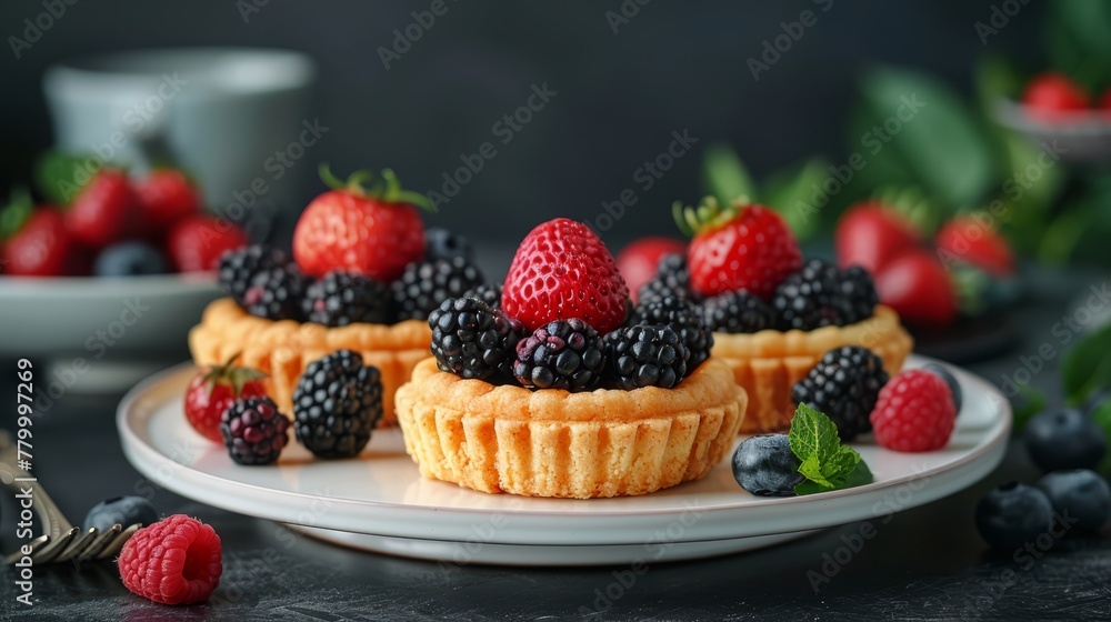 A tight shot of a dessert on a plate, topped with berries Background includes a cup of steaming coffee A tight shot of a dessert on a plate, topped with berries Background includes a cup of steaming coffee