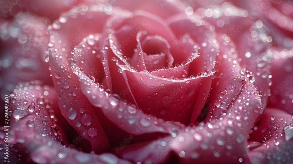 A tight shot of a pink rose, dewdrops glistening on its petals, backdrop of water droplets softly blurred A tight shot of a pink rose, dewdrops glistening on its petals, backdrop of water droplets softly blurred