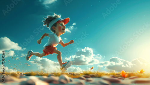Caricature of a woman running at sunset