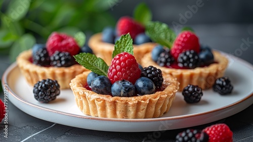   A white plate holds mini tarts  each filled with berries and topped with fresh raspberries  resting atop a leafy green leaf
