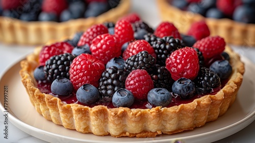  A tart featuring raspberries and blueberries sits prominently on a plate Another tart is visible in the background