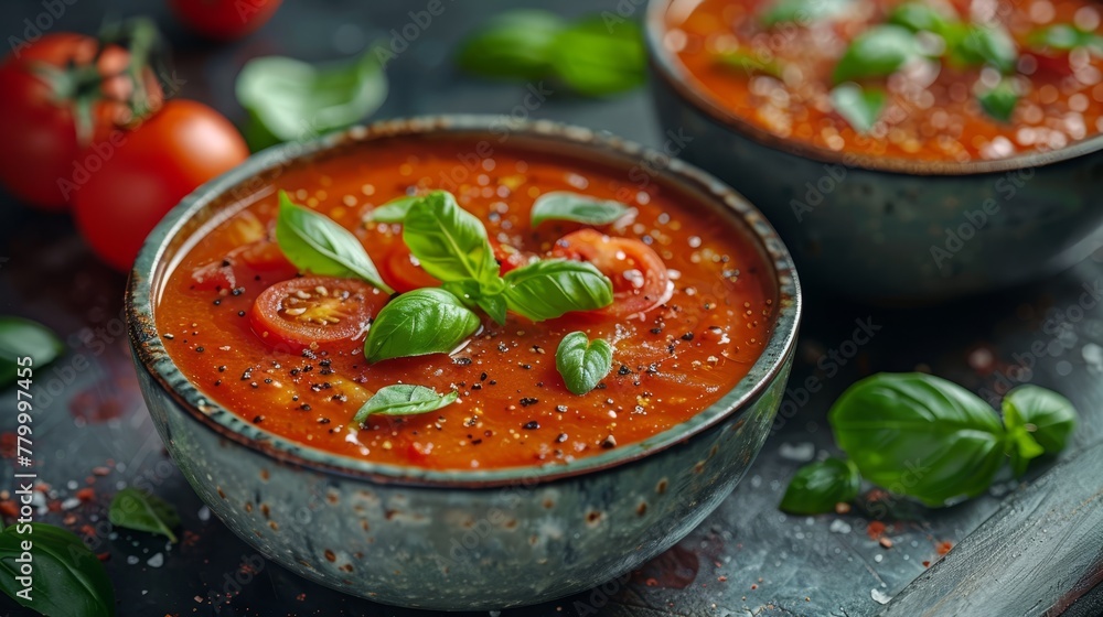 A tight shot of two bowls filled with soup Toppings of tomatoes and basil grace each bowl, while basil leaves nestle at the bottom A tight shot of two bowls filled with soup Toppings of tomatoes and basil grace each bowl, while basil leaves nestle at the bottom