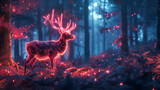 Hyperrealistic forest with neon reindeer pattern. Surreal lights illuminate the woodland, creating a magical, enchanting atmosphere.