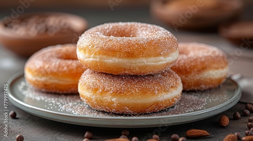   A couple of doughnuts rest atop a plate  near a mound of coffee beans on the table