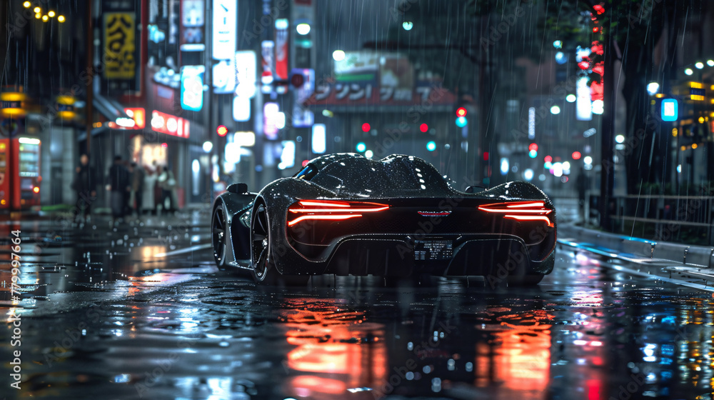 Hyperrealistic cityscape with neon-lit supercar. Vibrant lights paint the dark backdrop, adding a futuristic vibe to the urban landscape.