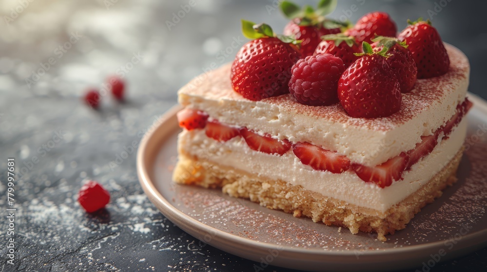   A tight shot of a slice of cake on a plate, garnished with strawberries atop the remaining portion