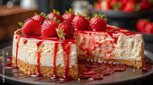  Cheesecake, garnished with strawberries and sau photo