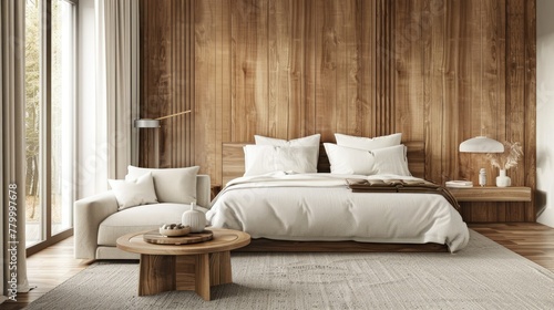 Bedroom with wood paneling  large bed with soft pillows and curtains  light gray carpet on the floor  wooden coffee table in front of the sofa  modern interior design.