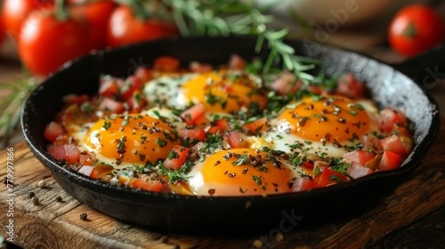   A skillet filled with eggs and tomatoes on a wooden cutting board Nearby, tomatoes and a sprig of rosemary