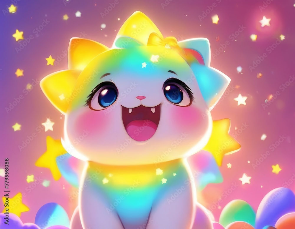 A vibrant digital artwork featuring a multicolored cartoon kitten with sparkling stars in its eyes against a magical starry backdrop, evoking joy and wonder.