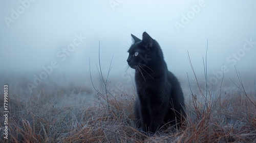  A black cat sits in a field of tall grass, surrounded by foggy sky