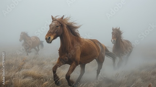 A group of horses gallops through a fog-shrouded field Dry grass blankets the ground, contrasting with tall grass in the foreground