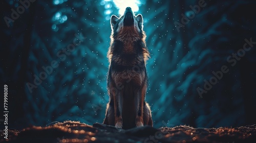  A wolf situated in a forest at night gazes at the sky, its eyes fixed on the full moon behind