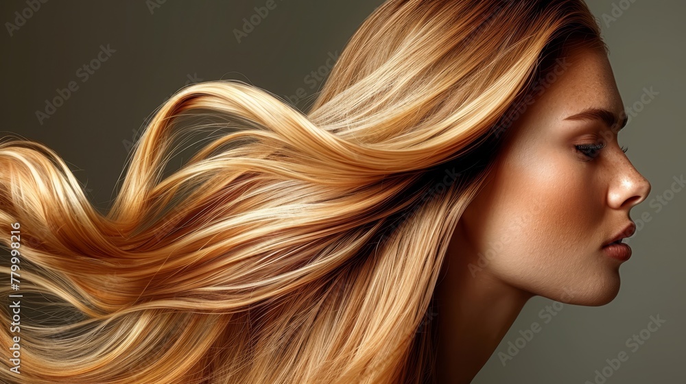 A woman with long blonde hair closes her eyes as the wind fiercely flows, causing her hair to billow around her face A woman with long blonde hair closes her eyes as the wind fiercely flows, causing her hair to billow around her face