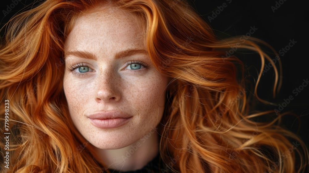 red freckles in her hair, blue eyeshadow red freckles in her hair, blue eyeshadow