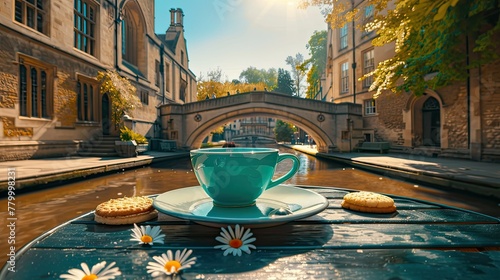 Blue coffee cup on a table surrounded by daisies and cookies in front of a city street with a historic bridge over the river on a sunny day with natural light.