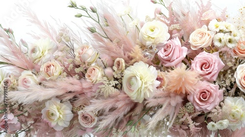 A large arrangement of light pink and white flowers, roses, ranunculus and hollyhock against a backdrop of pampas grass and pink foliage. White background.
