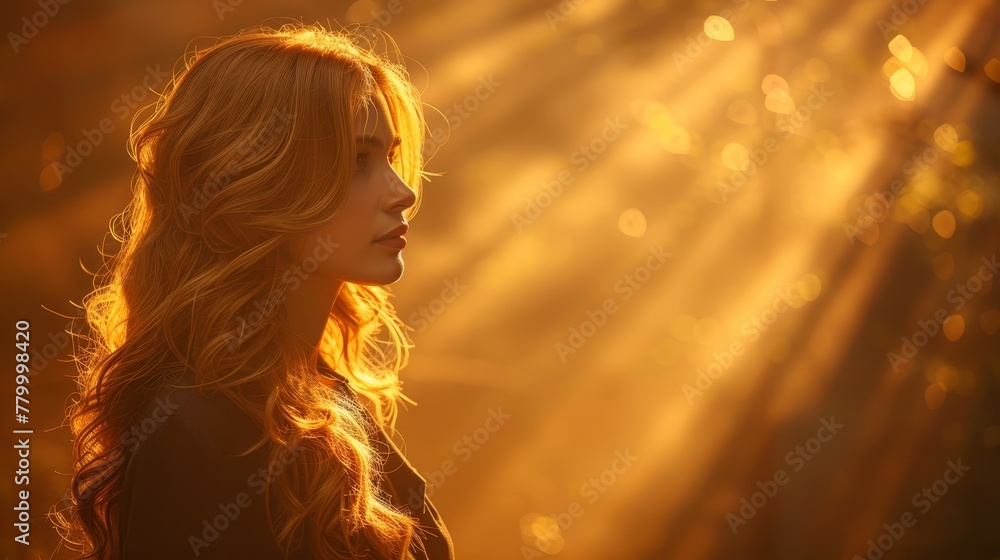   A woman with long red hair stands before a radiant sunlit backdrop, sunrays permeating her tresses