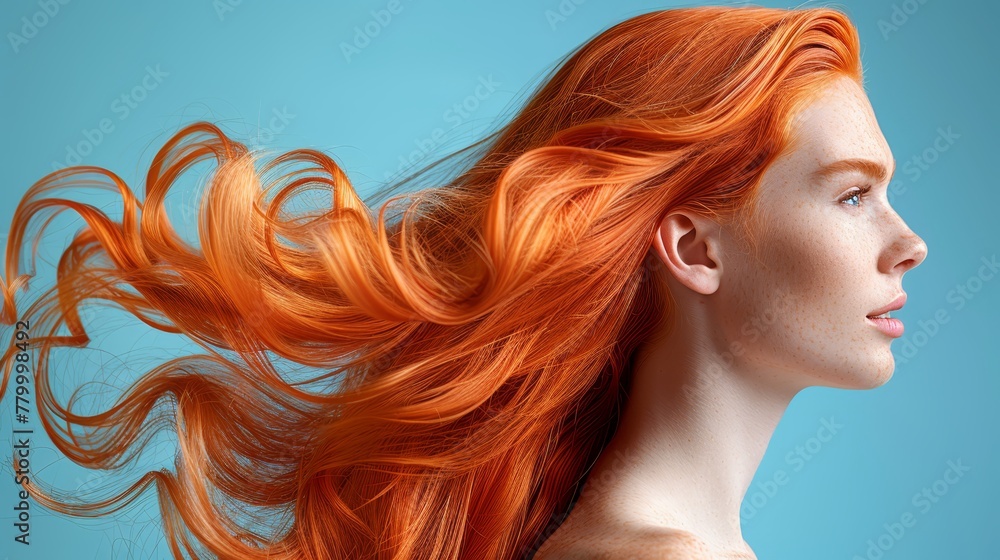   Woman with red hair flowing in wind against blue background