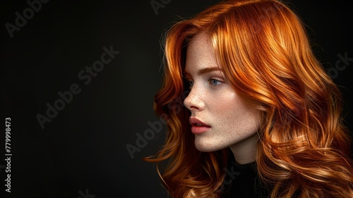  A woman with red hair and freckles gazes to the side