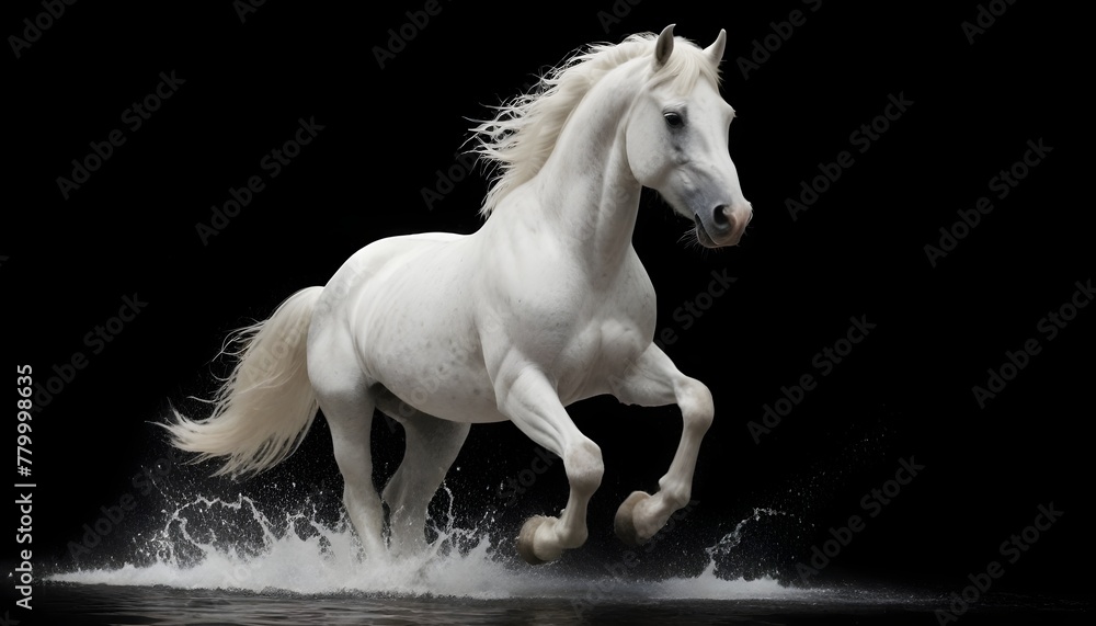  Strong White Horse Galloping with Water Splashes on Black Background.
