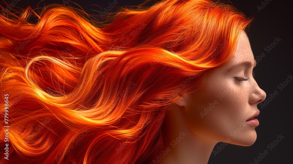   A tight shot of a red-haired woman's face against a black backdrop, her tresses billowing in the wind