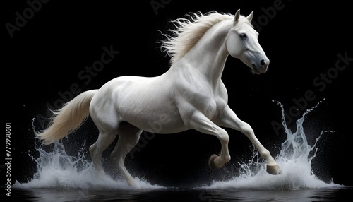  Strong White Horse Galloping with Water Splashes on Black Background.