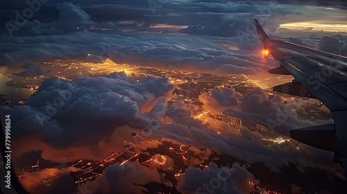 View from an airplane window: dark clouds ahead and city lights below, including elements of an airplane wing