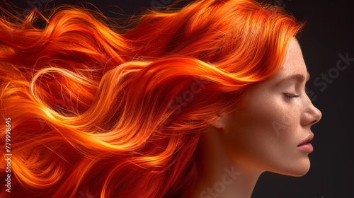  A tight shot of a red-haired woman's face against a black backdrop, her tresses billowing in the wind