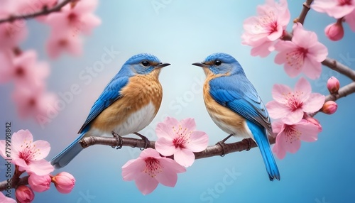 Blue bird on sakura branch with pink flowers in spring time.  © Zulfi_Art