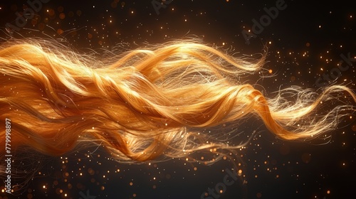  Close-up of long blonde hair blowing in the wind against black backdrop with golden sparks