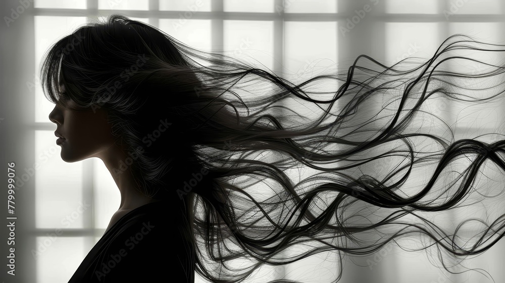 A woman poses before a window with windswept hair in monochrome A woman poses before a window with windswept hair in monochrome