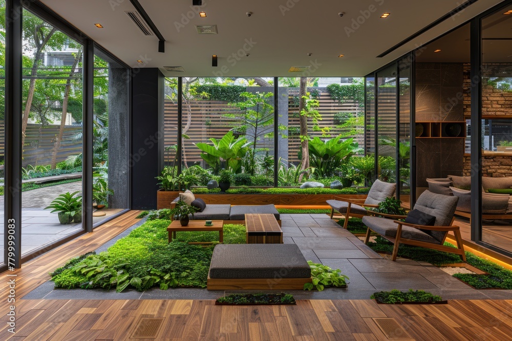 Fototapeta premium A living room filled with furniture and numerous plants