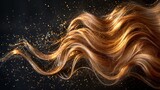   A woman's hair, close-up, adorned with golden flecks and sparkles against a black backdrop