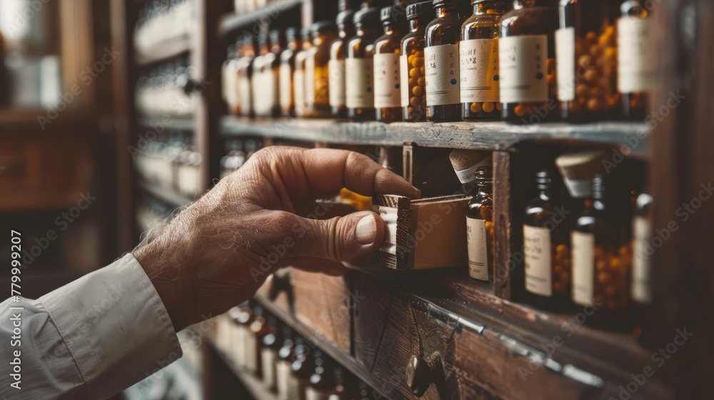 Homeopathic doctor's hand selecting homeopathic remedy from a vintage wooden cabinet filled with neatly organized remedy glass vials. Concept of Homeopathy, alternative medicine, natural healthcare Homeopathic doctor's hand selecting homeopathic remedy from a vintage wooden cabinet filled with neatly organized remedy glass vials. Concept of Homeopathy, alternative medicine, natural healthcare