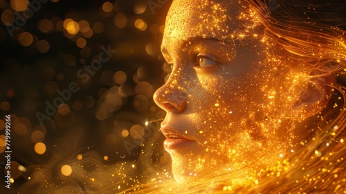  A tight shot of a woman's face adorned with golden sparks Her hair billows in the wind