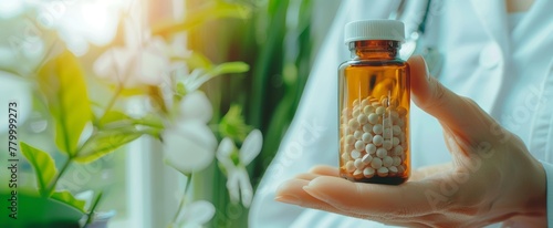 Doctor Homeopath presenting homeopathic pills. Amber vial with white spherical pills. Concept of homeopathy, alternative medicine, organic apothecary, naturopathy. Banner. Copy space