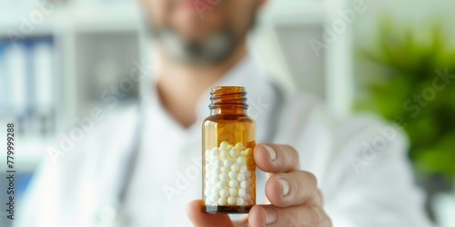 Doctor Homeopath holding a bottle of homeopathic pills. A healthcare professional with homeopathy remedy. Concept of homeopathy, alternative medicine, organic apothecary, naturopathy.