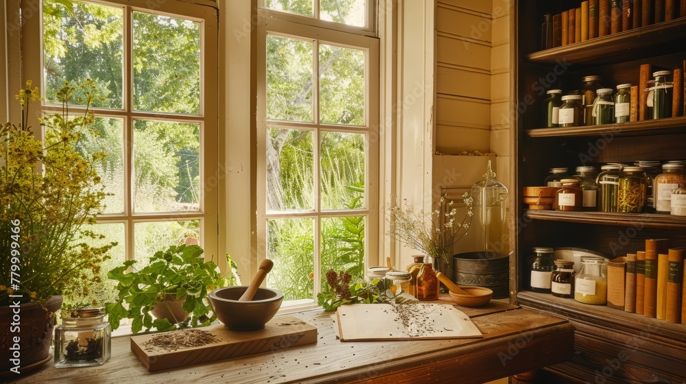 Herbalist's study space with sunlight streaming through a window. A mortar and pestle among dried herbs on a wooden desk. Concept of herbal medicine, homeopathy, and natural healing