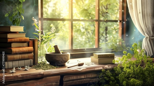 Homeopathic consultation room, featuring wooden desk with a collection of homeopathic books, a mortar and pestle with dried herbs, and a serene window view of a lush garden. Concept of herbal medicine photo
