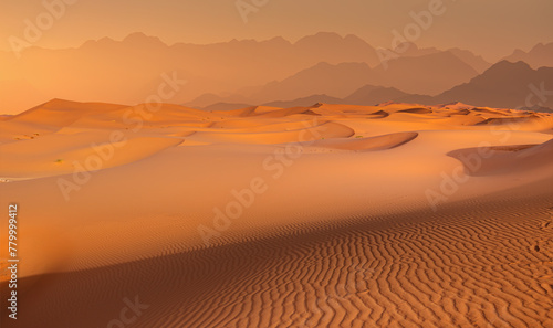 Panoramic view of orange sand dune desert with orange mountains and hill - Namib desert  Namibia