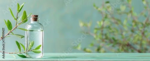 Tea tree branch with leaves beside a bottle of tea tree essential oil on a pale green background. Natural healthcare and aromatherapy concept with space for text. Banner