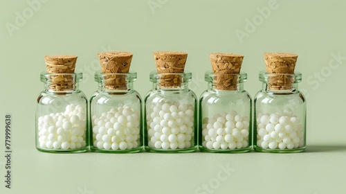 Glass bottles with white homeopathic pills on teal background. Homeopathy medicine. Concept of alternative medicine, natural remedy, naturopathy, holistic healing, wellness, and pharmaceuticals.