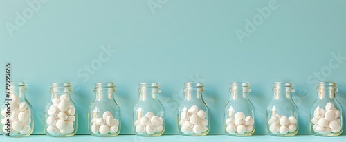 Glass bottles with white homeopathic pills on blue background. Homeopathy medicine. Concept of alternative medicine, natural remedy, naturopathy, holistic healing, wellness. Banner with copy space photo